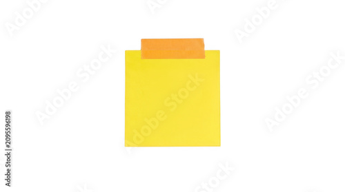 Yellow sticky note with orange adhesive tape, blank paper memo for reminders and office tasks, square post-it note for message organization isolated on Transparent Background