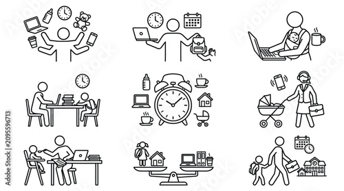 Busy parent juggling work, childcare, and household tasks with multiple arms and icons representing different responsibilities.