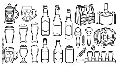 Fotografie Collection of hand-drawn beer-related items including bottles, glasses, mugs, a barrel, and brewing equipment