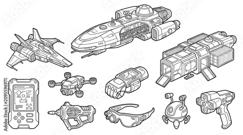 Fotografie Collection of futuristic science fiction spacecraft, vehicles, and gadgets in a line art style