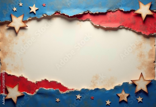 Background with torn paper effects featuring red, white, and blue colors with wooden star decorations for patriotic celebrations or American holiday themes
