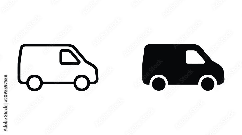 Fototapeta premium Van vehicle icons in outline and solid black style for transportation web interface design with transport delivery logistics transportation shipping commercial