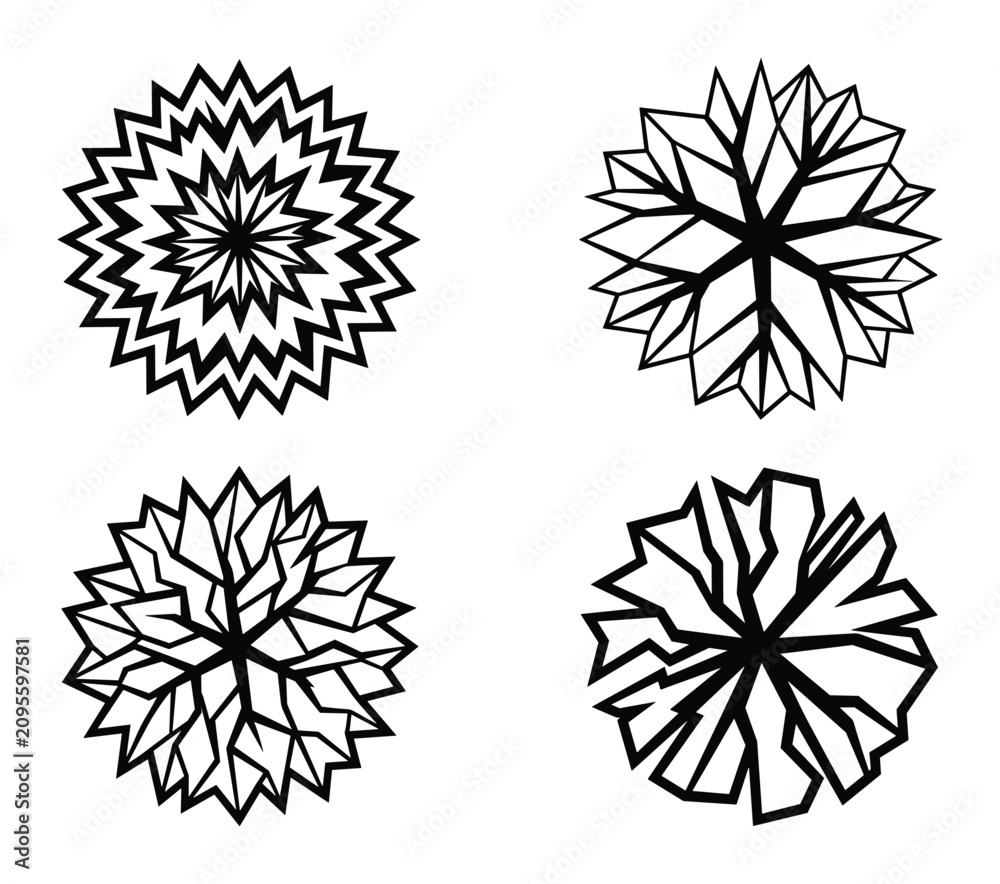 Obraz premium Abstract geometric tree icon set, stylized top-down view symbols for landscape design plans, architectural diagrams and garden layouts
