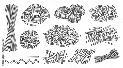 Bild auf Leinwand Collection of hand-drawn pasta shapes in black and white line art style