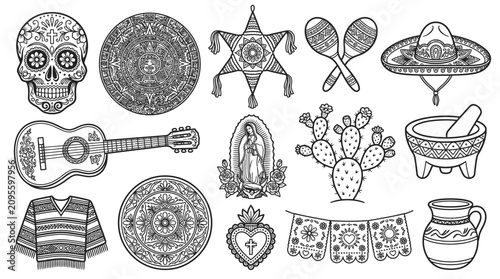 Photos Collection of Mexican cultural icons and symbols in black and white line art style