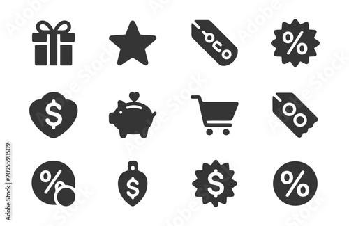 Collection of twelve black flat shopping and ecommerce vector icons including cart gift tag discount and business symbols