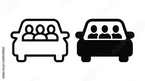 Car vehicle with passengers sitting inside outline and solid icons for transportation concepts transport passengers automobile collection minimalist mobility capacity