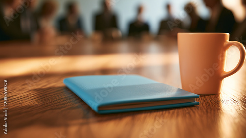 A low angle photograph capturing a closed, light blue notebook on a polished brown wooden table. Ai generated