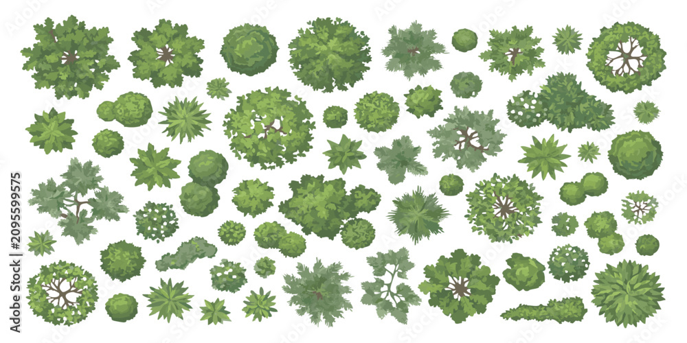 Fototapeta premium Set of top view trees for architectural landscape design plans and garden maps in a flat green graphic style