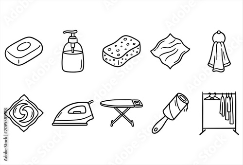 Laundry & Cleaning Minimal Outline Hand Drawn Black Icons Collection – Household Cleaning Essentials Set