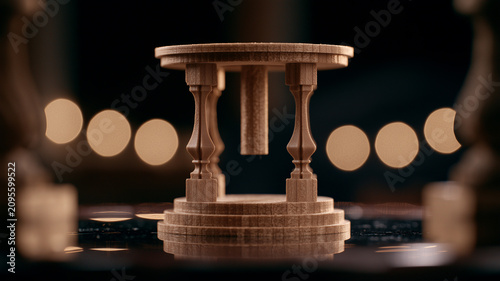 A macro shot of a miniature brown wooden pavilion like structure resting on a glossy dark table. the structure has a flat. Ai generated