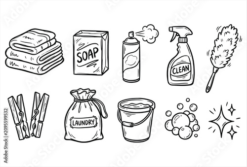Laundry & Cleaning Doodle Hand Drawn Black Icons Collection – Laundry Room and Housekeeping Accessories