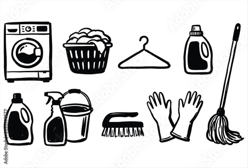 Laundry & Cleaning Bold Marker Hand Drawn Black Icons Collection – Housekeeping Tools and Laundry Equipment Set