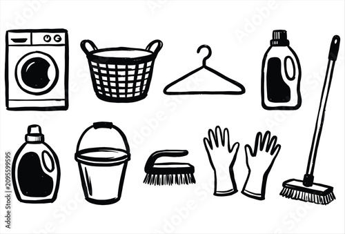 Laundry & Cleaning Bold Marker Hand Drawn Black Icons Collection – Housekeeping Tools and Laundry Equipment Set