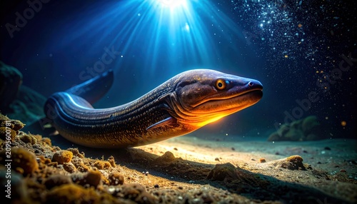Moray eel with glowing belly in deep blue ocean depths