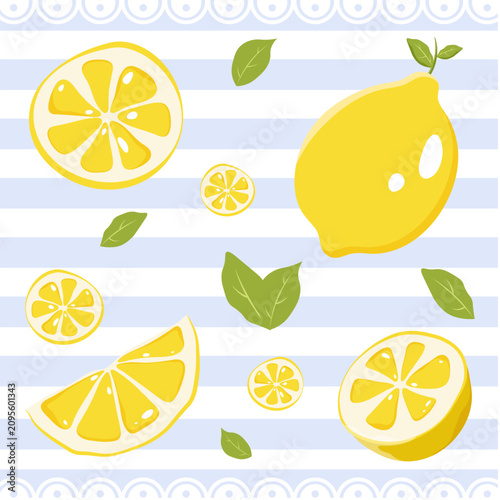 Foto A set of illustrations with lemon, lemon slices and leaves on a striped backgrou