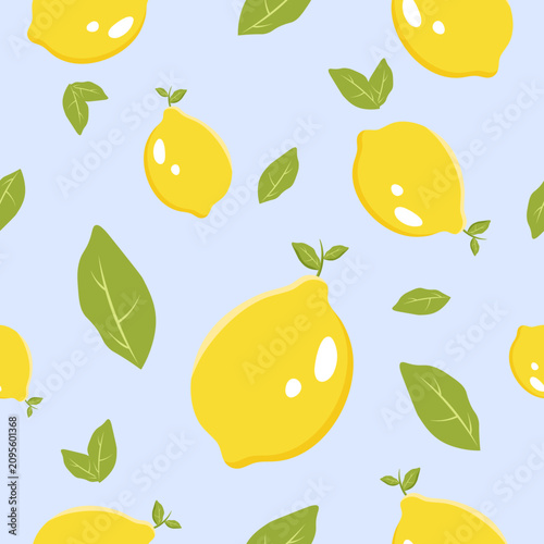 Bild auf Leinwand Seamless pattern with lemons and leaves on a blue background