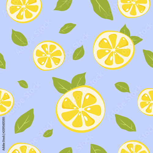 Cuadro en lienzo Seamless pattern with lemons and leaves on a blue background