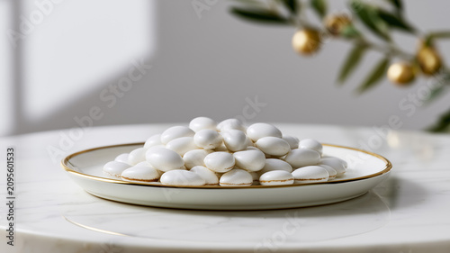 A white ceramic plate with a thin gold rim is filled with white, almond shaped confectioneries, styled on a polished white marble tabletop. Ai generate