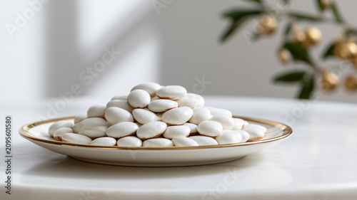 A white ceramic plate with a thin gold rim is filled with white, almond shaped confectioneries, styled on a polished white marble tabletop. Ai generate