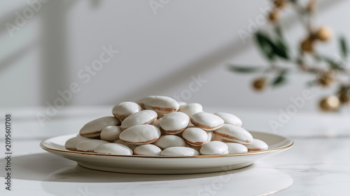 A white ceramic plate with a thin gold rim is filled with white, almond shaped confectioneries, styled on a polished white marble tabletop. Ai generate