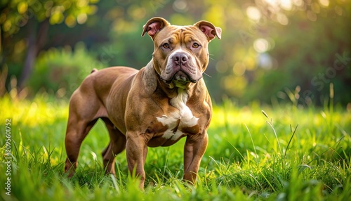 Powerful pit bull dog standing in sunlit green grass, representing loyalty and strength