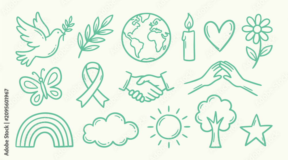 Obraz premium Collection of hand-drawn icons representing peace, hope, and environmental awareness.