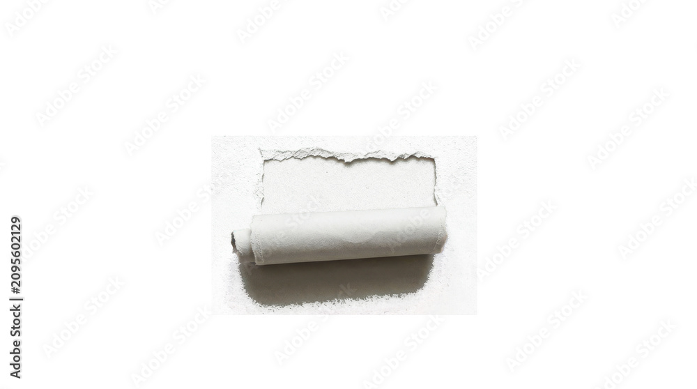 Obraz premium Torn paper scroll with ripped edges, white textured paper roll for message design, realistic paper scrap with rough borders isolated on Transparent Background
