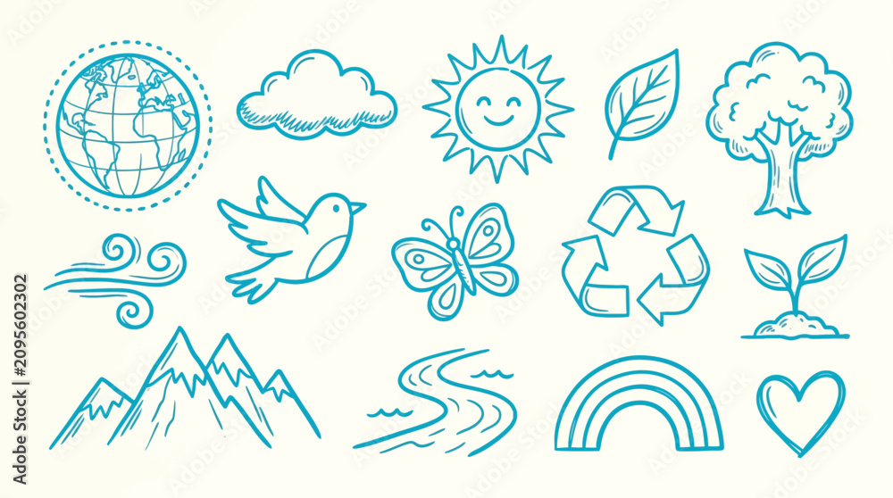 Obraz premium Collection of hand-drawn icons representing nature, environment, and ecological symbols.