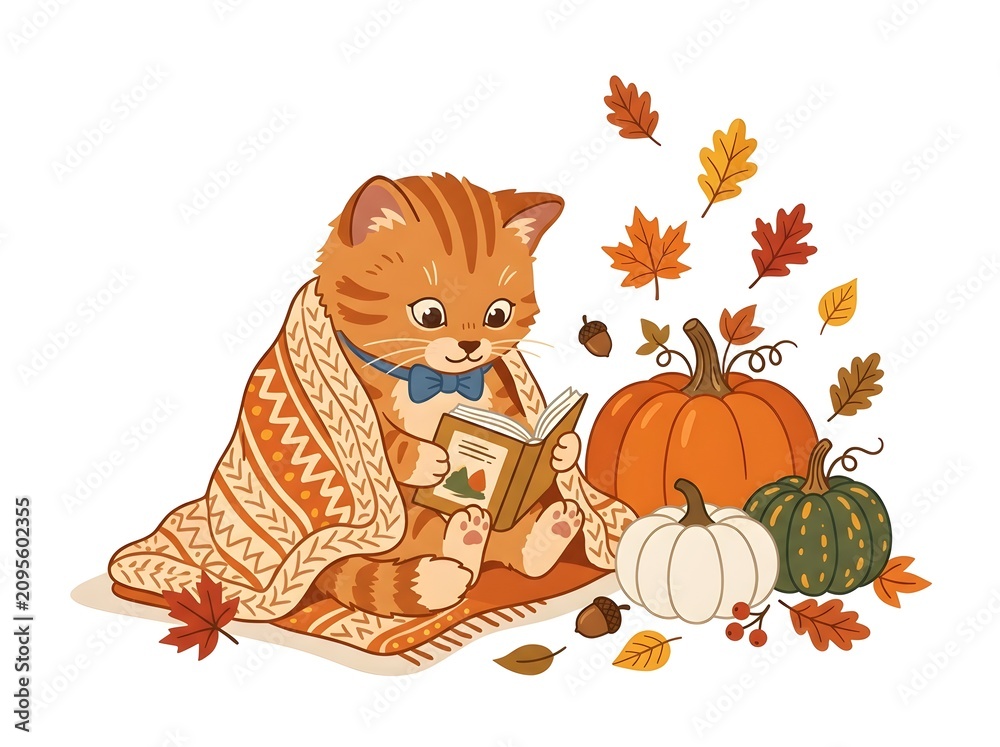 Fototapeta premium Four seasons cat family illustrations, cute ginger cats in spring summer autumn and winter landscapes, cozy seasonal feline pet scenes