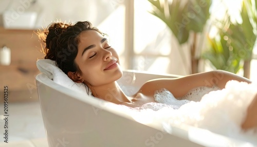 Woman relaxing in bubble bath, serene expression, natural light, wellness concept