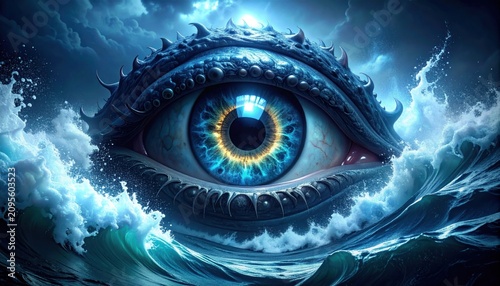 Mysterious leviathan eye emerges from stormy ocean waves, deep blue and gold
