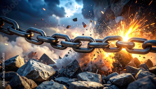 Heavy metal chain breaking apart with explosive sparks and debris