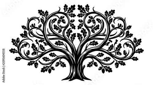 Photos Intricate Oak Tree Silhouette with Acorns and Leaves, Elegant Decorative Element