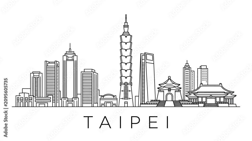 Obraz premium Taipei Skyline Outline Drawing - Modern Architecture and Traditional Buildings