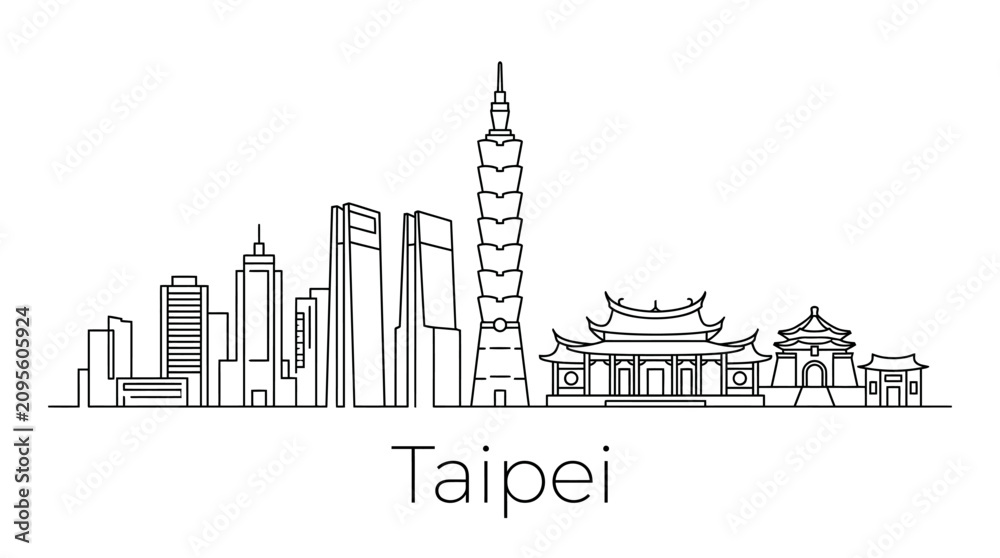 Obraz premium Taipei Skyline Silhouette - Modern Architecture and Traditional Temples Line Art