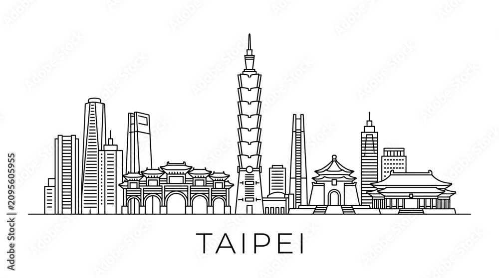 Obraz premium Taipei Skyline Silhouette - Modern and Traditional Architecture Line Art