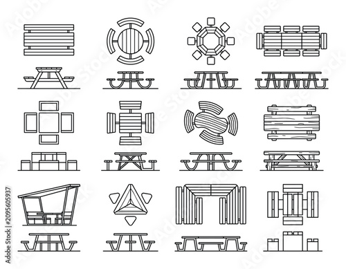 Outline vector icon set of picnic tables and communal outdoor dining furniture with various designs, perfect for park layouts