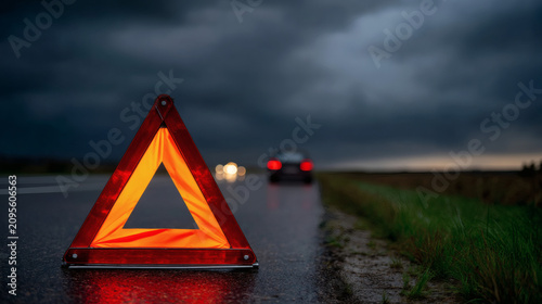 up photo of reflective red orange warning triangle on wet asphalt roadside, blurred car with glowing tail lights in background, dramatic storm clouds above, cinematic lighting, sharp focus on 