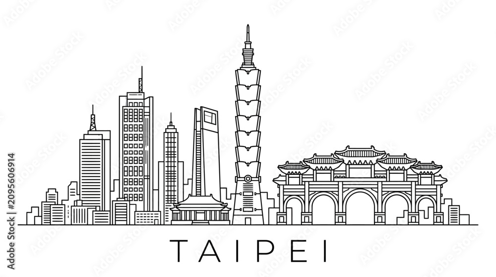 Obraz premium Taipei skyline with iconic buildings and traditional gate, vector illustration