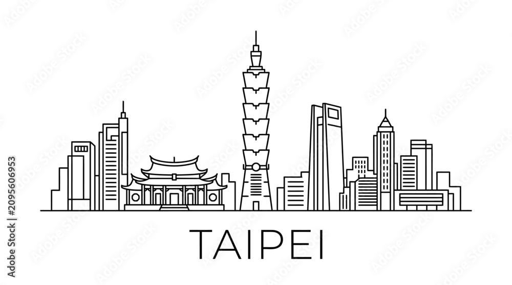 Obraz premium Taipei skyline, iconic buildings, black and white outline, city landmark