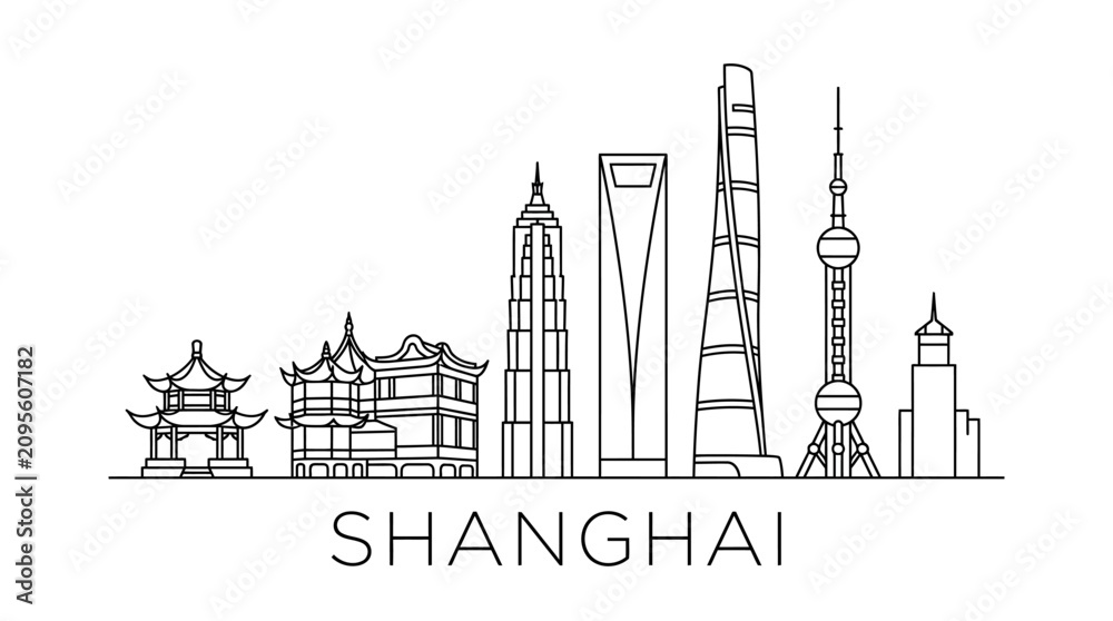 Fototapeta premium Shanghai Skyline Silhouette: Iconic Architecture Drawing