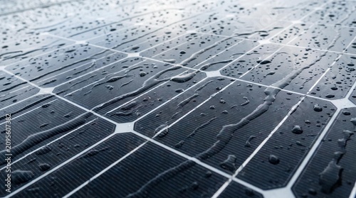 Raindrops on a Photovoltaic Solar Panel Surface on a Wet Day, Close-up View