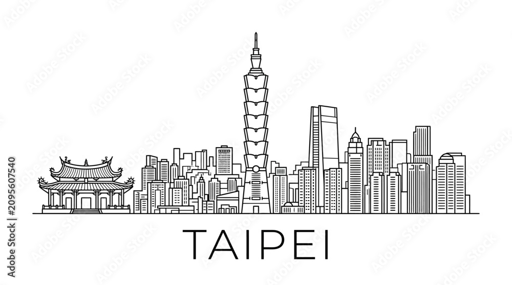 Obraz premium Taipei Skyline Icon: Taiwan Landmark Architecture, Modern Cityscape Vector Art
