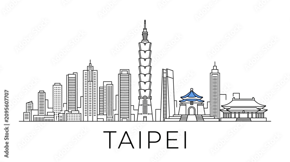 Obraz premium Taipei Skyline Line Art: Modern Architecture and Traditional Buildings
