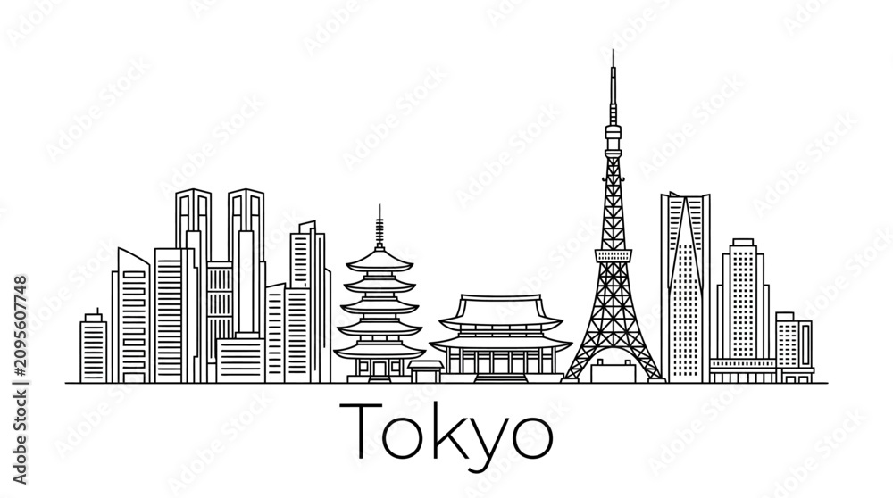 Obraz premium Tokyo skyline illustration, iconic landmarks, modern architecture, Japan cityscape, editable vector outline