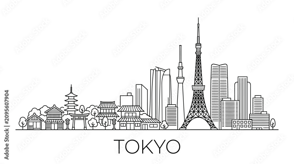 Fototapeta premium Tokyo Skyline Outline - Iconic Landmarks and Architecture
