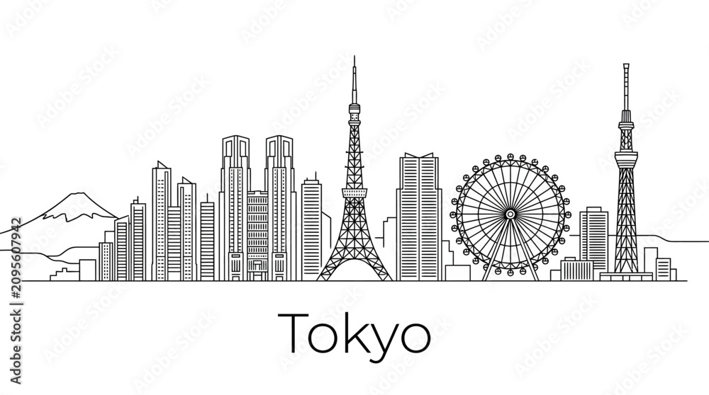 Obraz premium Tokyo Skyline Outline - Iconic Landmarks in Minimalist Style