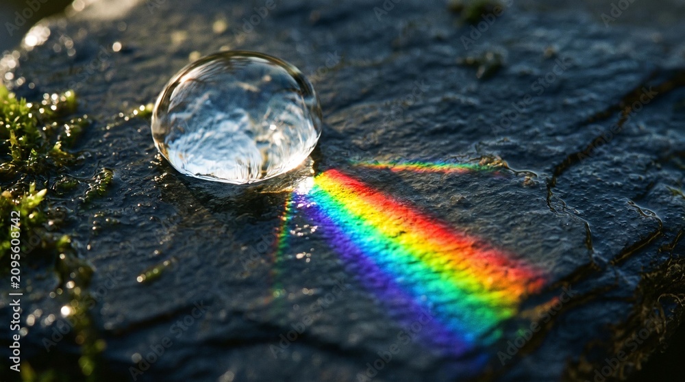 Obraz premium Water droplet splitting daylight into a vibrant rainbow spectrum on a mossy rock surface