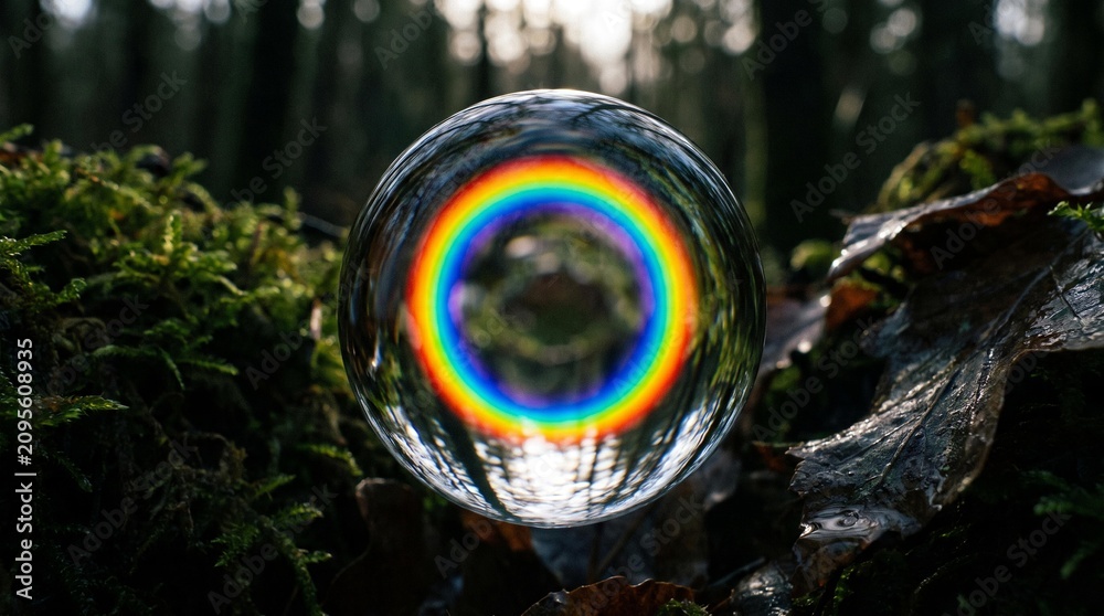 Obraz premium Vibrant rainbow spectrum captured within a clear sphere on moss in a sunlit forest.
